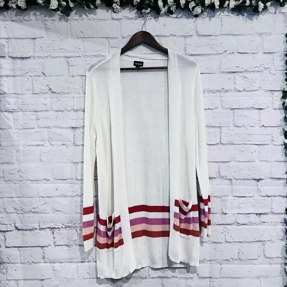 Torrid Cardigan Open Front Sweater Size 1 White Striped Pockets Long Sleeve Knit - Picture 3 of 12